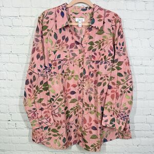 Floral Tunic Women Plus Size 2X Artsy Fall Leaf Roll Tab Sleeve Blouse